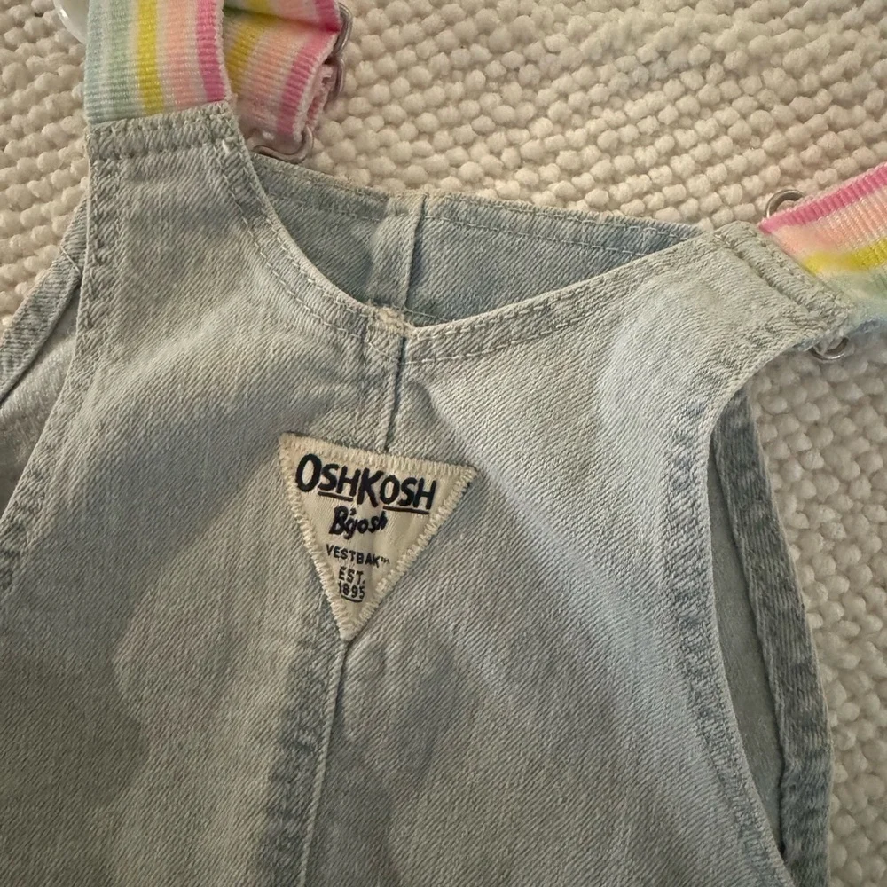 OshKosh B’gosh Denim Shortalls Heart Pocket Pastel Rainbow Straps 18M